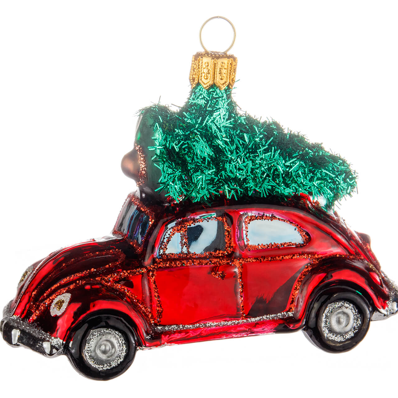 Christbaumkugel: rotes Auto mit Weihnachtsbaum